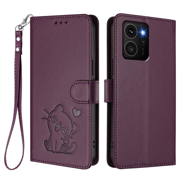 For HMD Skyline Embossed Heart Cat Leather Phone Case with Hand Strap