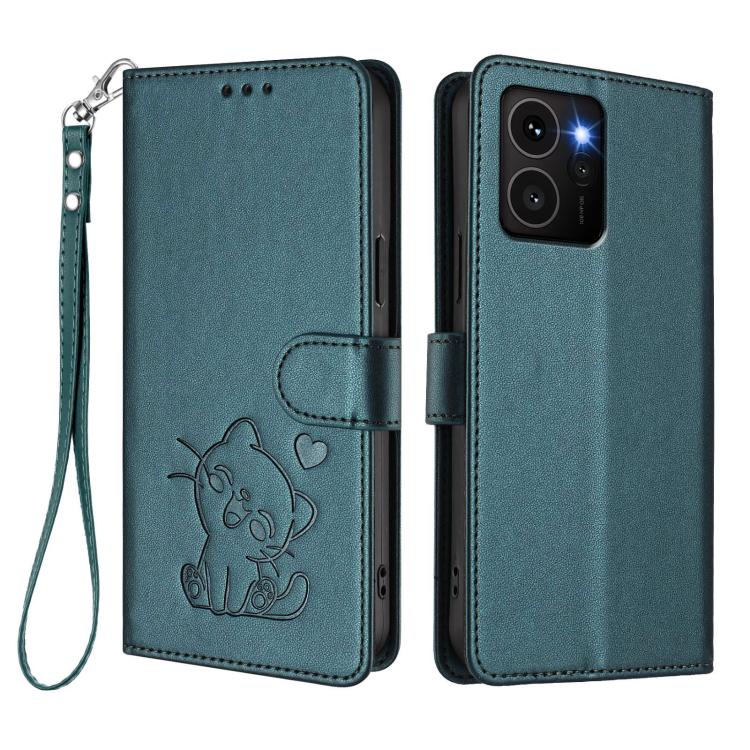 For HMD Skyline Embossed Heart Cat Leather Phone Case with Hand Strap