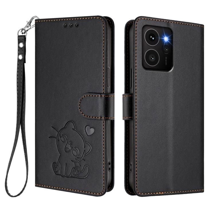For HMD Skyline Embossed Heart Cat Leather Phone Case with Hand Strap