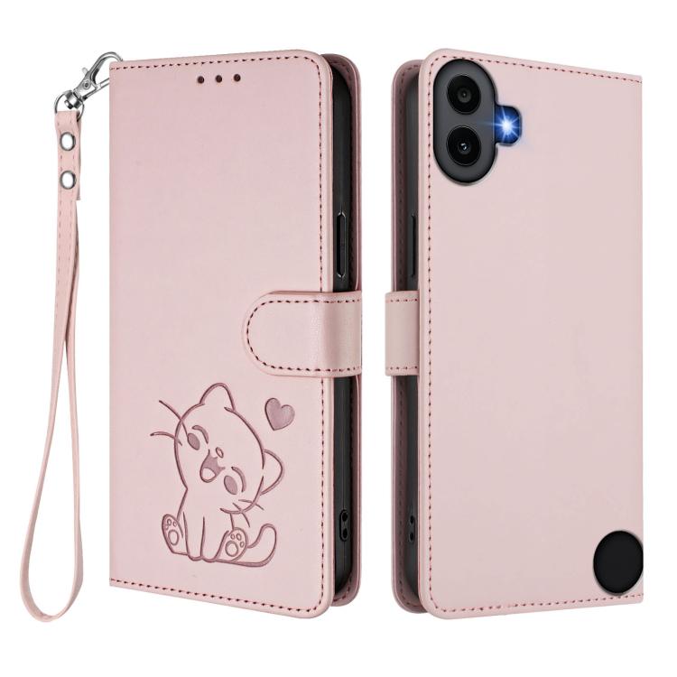 For Nothing CMF Phone 1 Embossed Heart Cat Leather Phone Case with Hand Strap