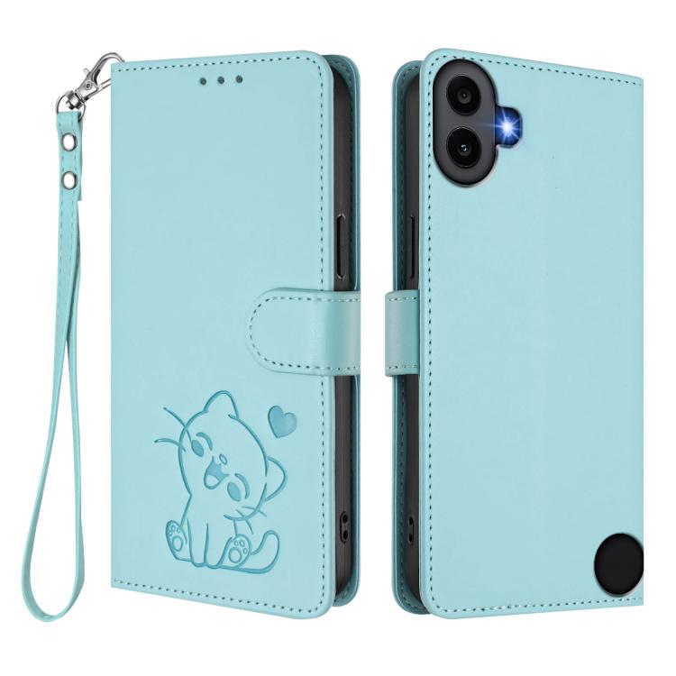 For Nothing CMF Phone 1 Embossed Heart Cat Leather Phone Case with Hand Strap