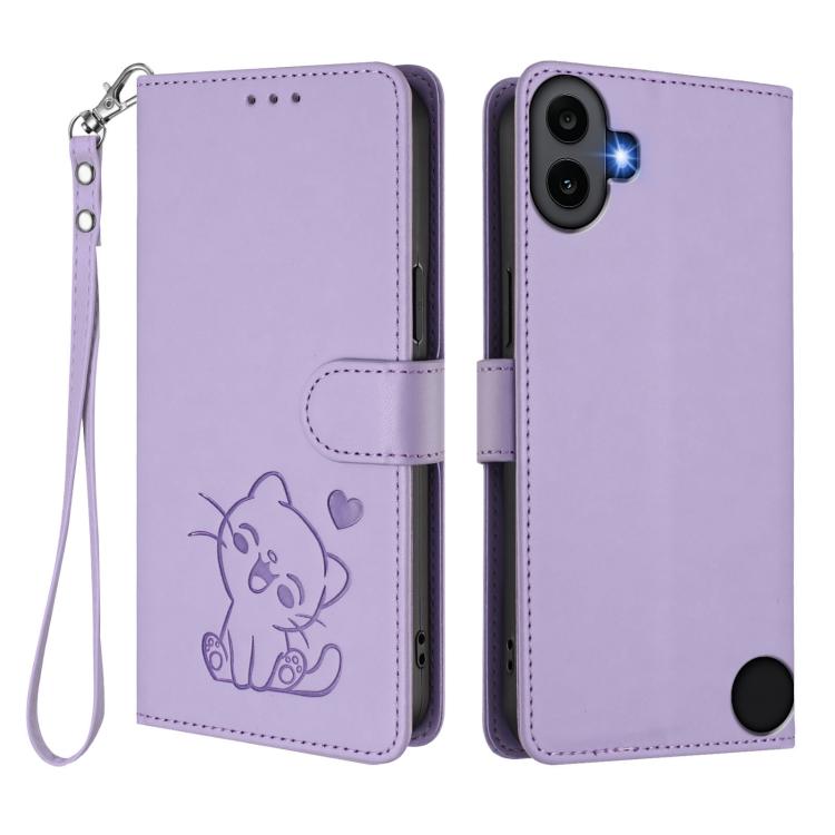 For Nothing CMF Phone 1 Embossed Heart Cat Leather Phone Case with Hand Strap