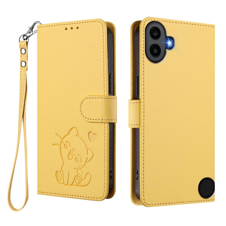 For Nothing CMF Phone 1 Embossed Heart Cat Leather Phone Case with Hand Strap