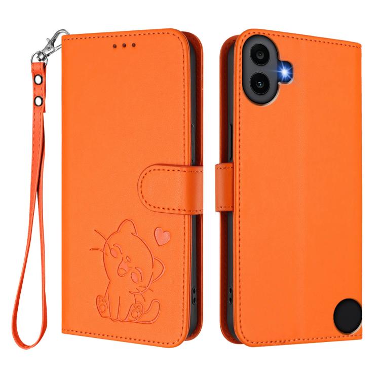 For Nothing CMF Phone 1 Embossed Heart Cat Leather Phone Case with Hand Strap