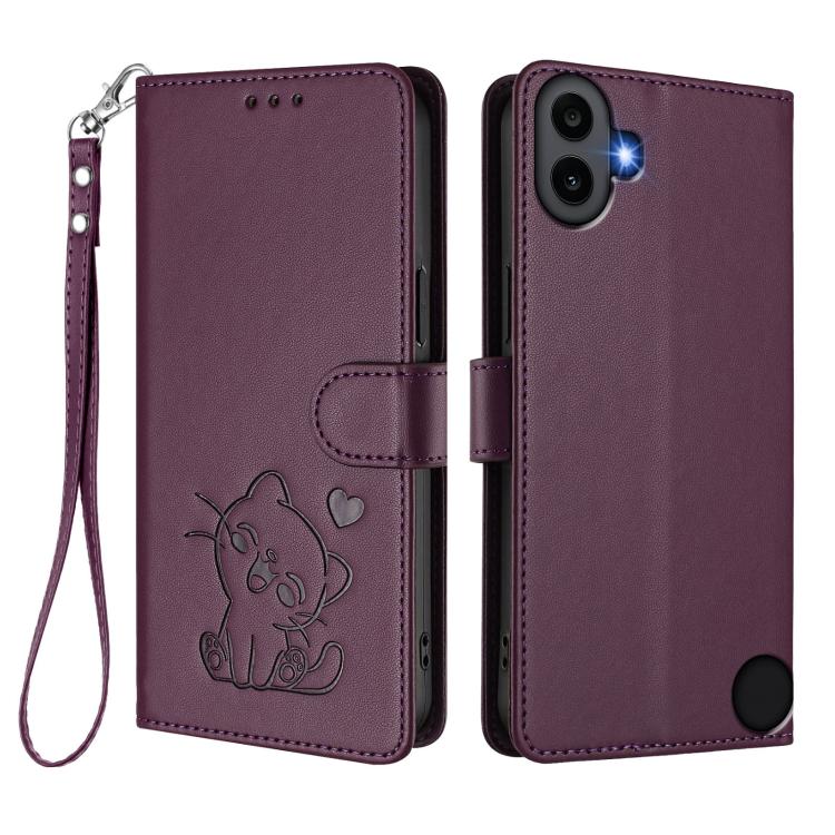 For Nothing CMF Phone 1 Embossed Heart Cat Leather Phone Case with Hand Strap