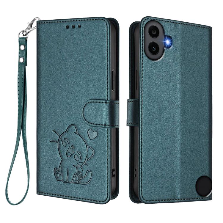 For Nothing CMF Phone 1 Embossed Heart Cat Leather Phone Case with Hand Strap