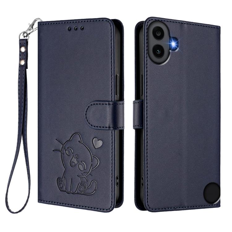 For Nothing CMF Phone 1 Embossed Heart Cat Leather Phone Case with Hand Strap