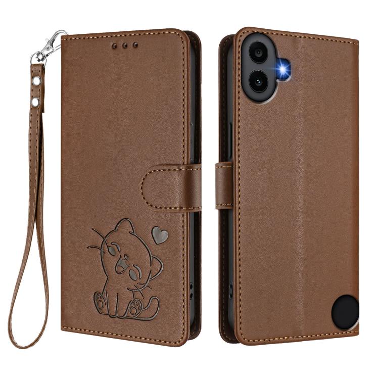 For Nothing CMF Phone 1 Embossed Heart Cat Leather Phone Case with Hand Strap