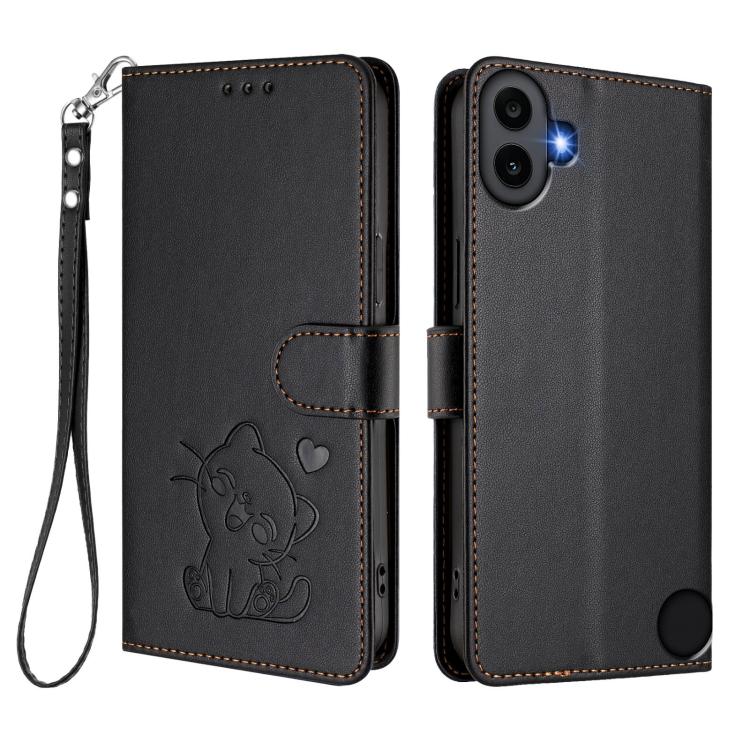 For Nothing CMF Phone 1 Embossed Heart Cat Leather Phone Case with Hand Strap