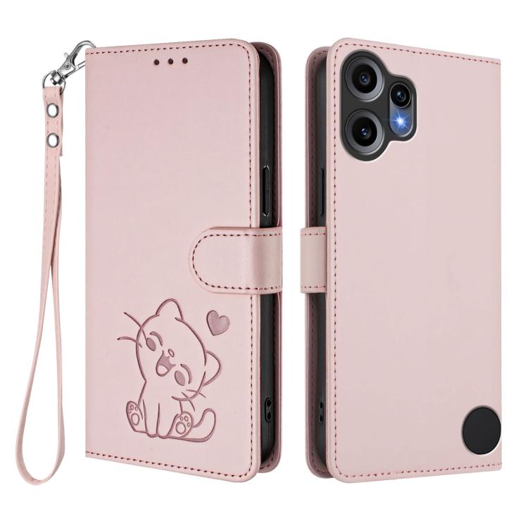 For Nothing CMF Phone 2 Pro Embossed Heart Cat Leather Phone Case with Hand Strap