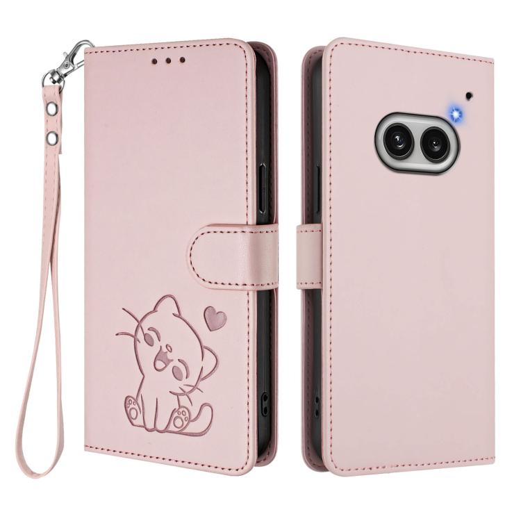 For Nothing Phone 2a Embossed Heart Cat Leather Phone Case with Hand Strap