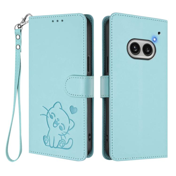 For Nothing Phone 2a Embossed Heart Cat Leather Phone Case with Hand Strap