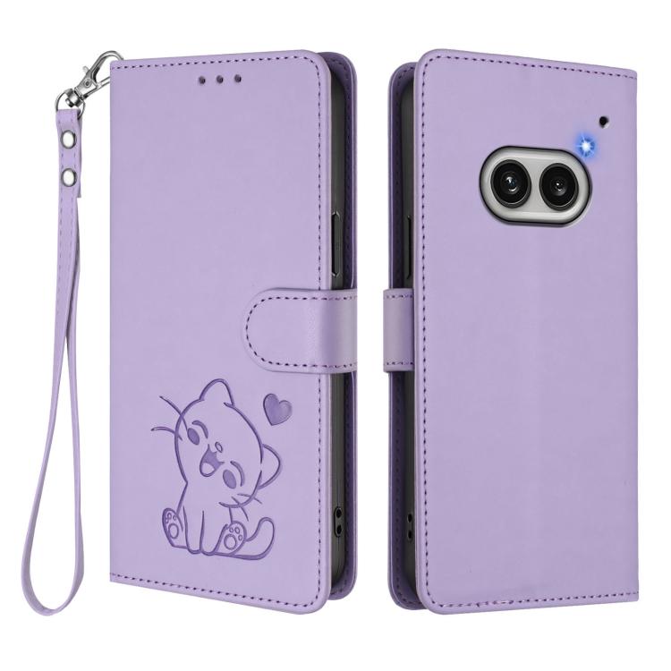 For Nothing Phone 2a Embossed Heart Cat Leather Phone Case with Hand Strap