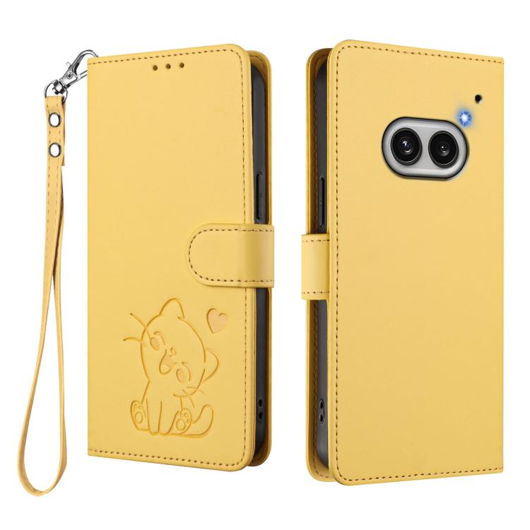 For Nothing Phone 2a Embossed Heart Cat Leather Phone Case with Hand Strap