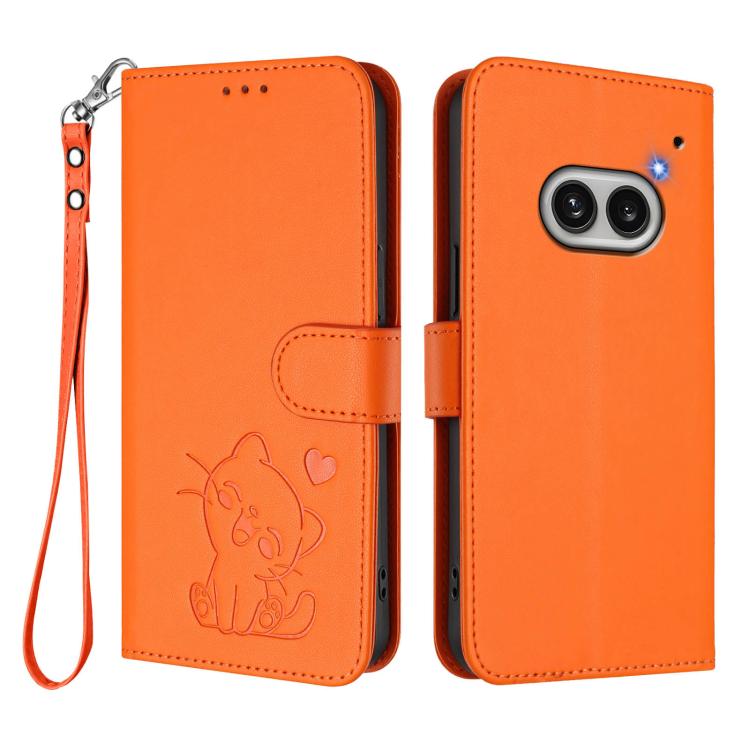 For Nothing Phone 2a Embossed Heart Cat Leather Phone Case with Hand Strap