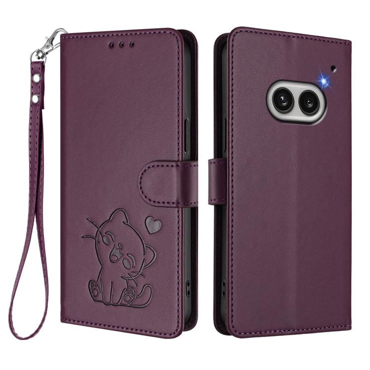 For Nothing Phone 2a Embossed Heart Cat Leather Phone Case with Hand Strap