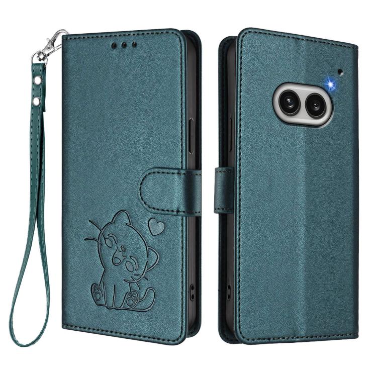 For Nothing Phone 2a Embossed Heart Cat Leather Phone Case with Hand Strap