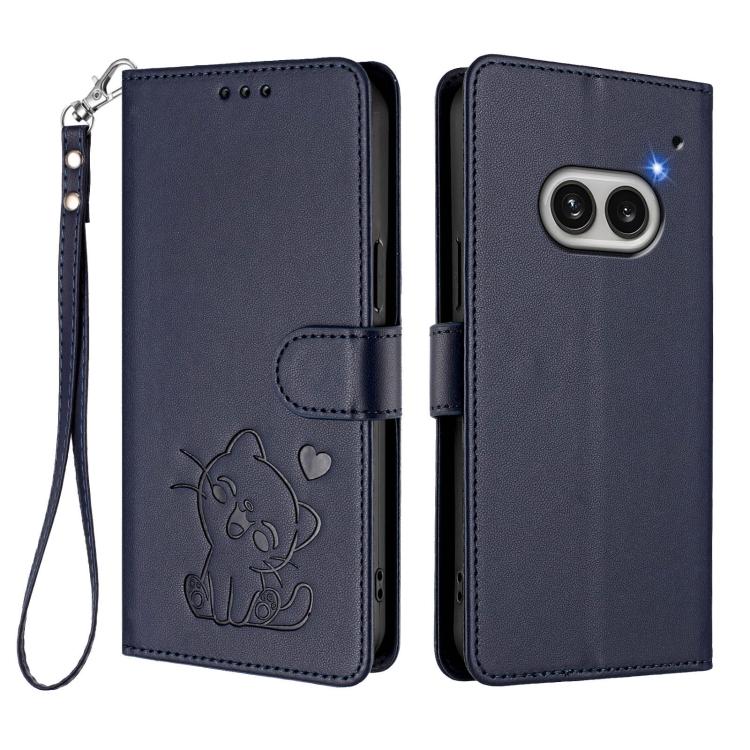 For Nothing Phone 2a Embossed Heart Cat Leather Phone Case with Hand Strap