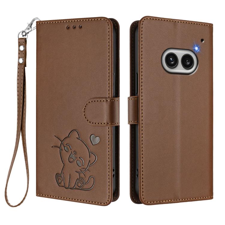 For Nothing Phone 2a Embossed Heart Cat Leather Phone Case with Hand Strap