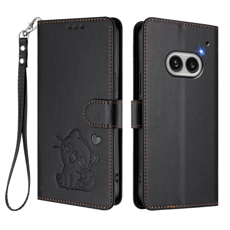 For Nothing Phone 2a Embossed Heart Cat Leather Phone Case with Hand Strap