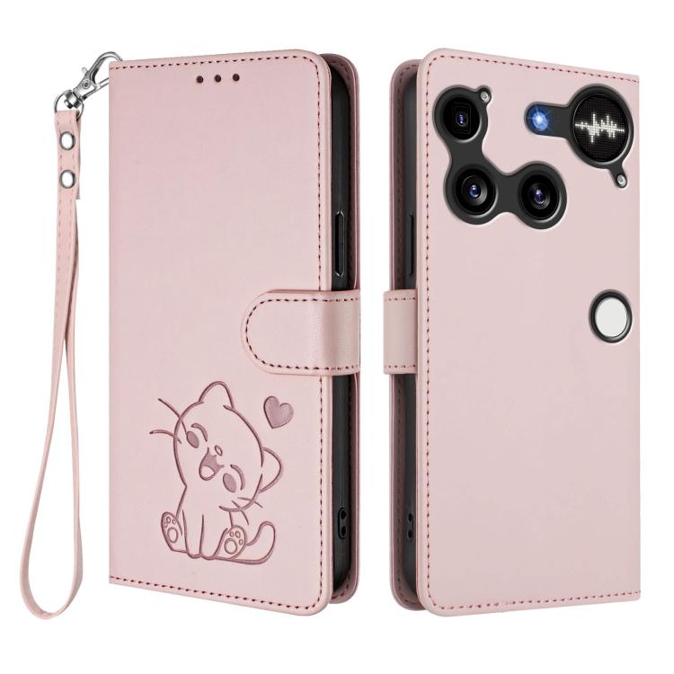 For Nothing Phone 3 Embossed Heart Cat Leather Phone Case with Hand Strap