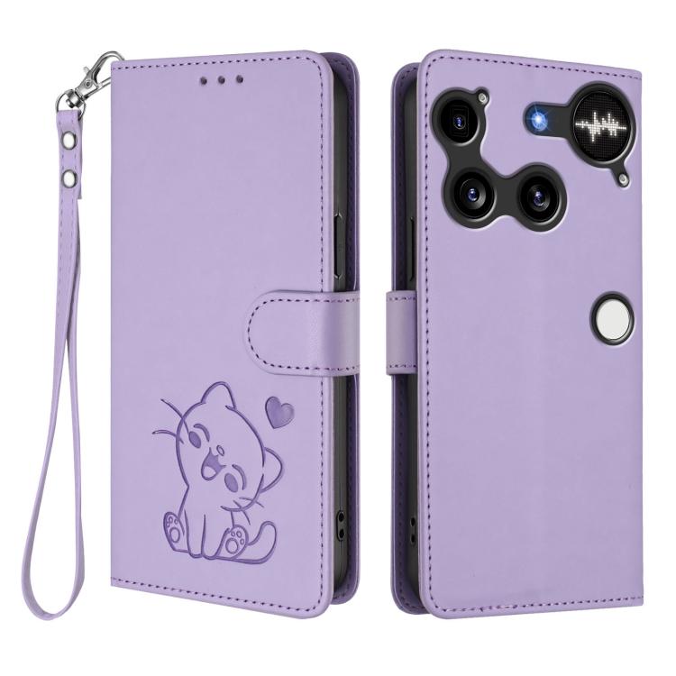 For Nothing Phone 3 Embossed Heart Cat Leather Phone Case with Hand Strap
