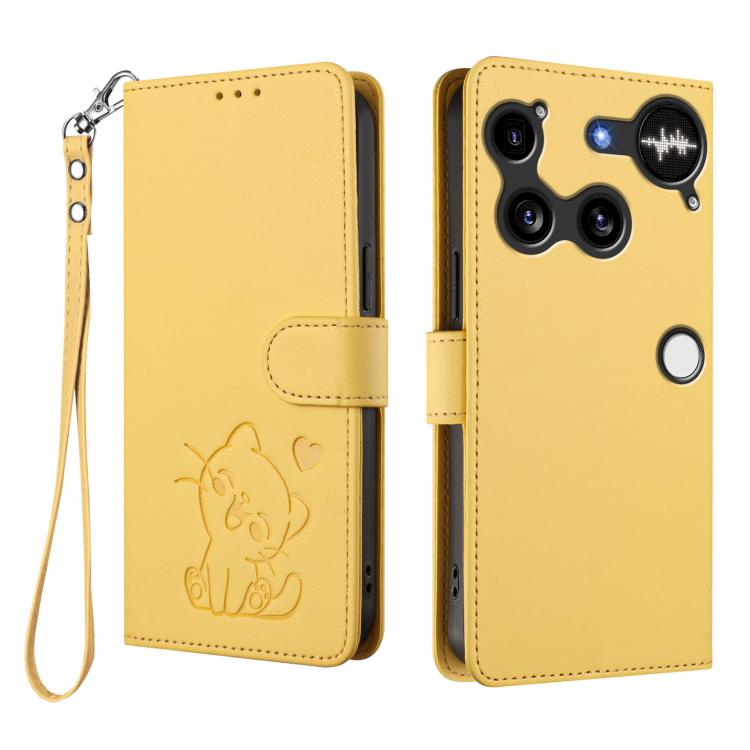 For Nothing Phone 3 Embossed Heart Cat Leather Phone Case with Hand Strap