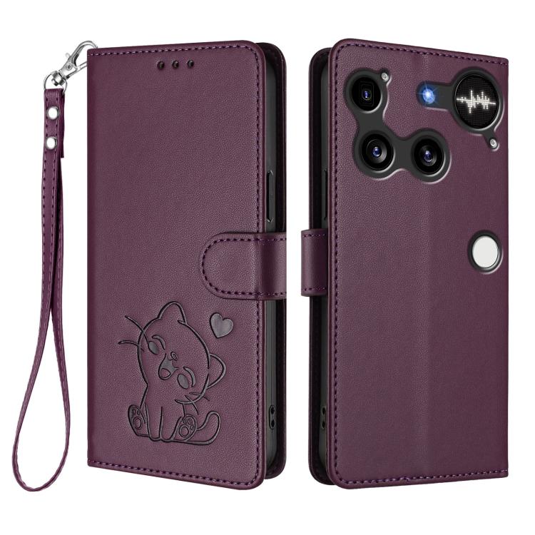 For Nothing Phone 3 Embossed Heart Cat Leather Phone Case with Hand Strap