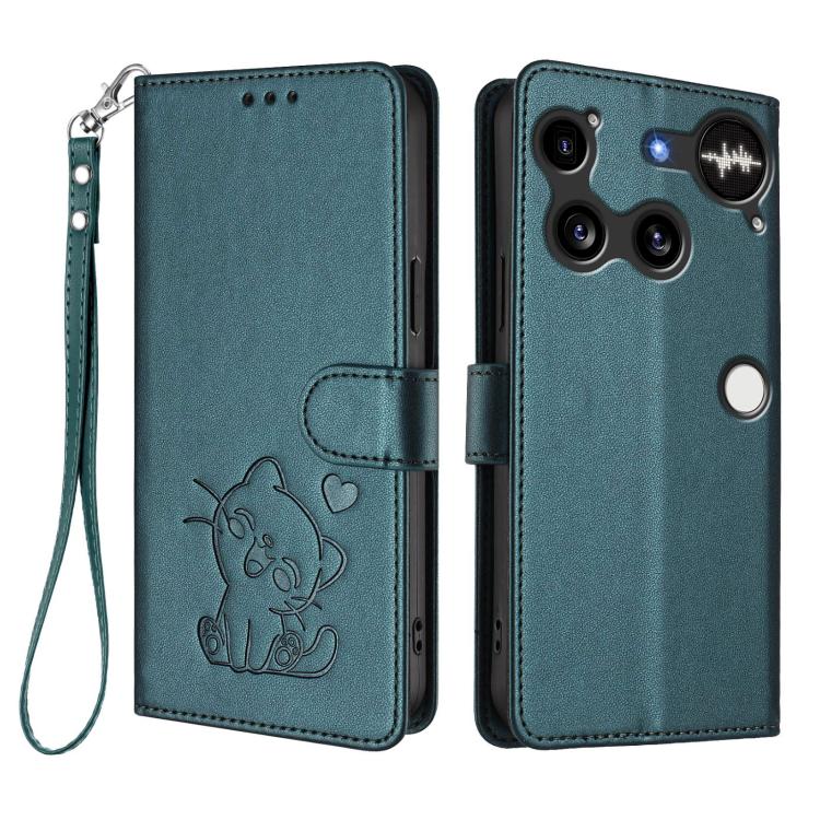 For Nothing Phone 3 Embossed Heart Cat Leather Phone Case with Hand Strap