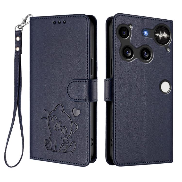 For Nothing Phone 3 Embossed Heart Cat Leather Phone Case with Hand Strap