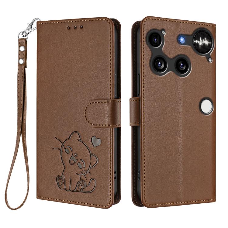 For Nothing Phone 3 Embossed Heart Cat Leather Phone Case with Hand Strap