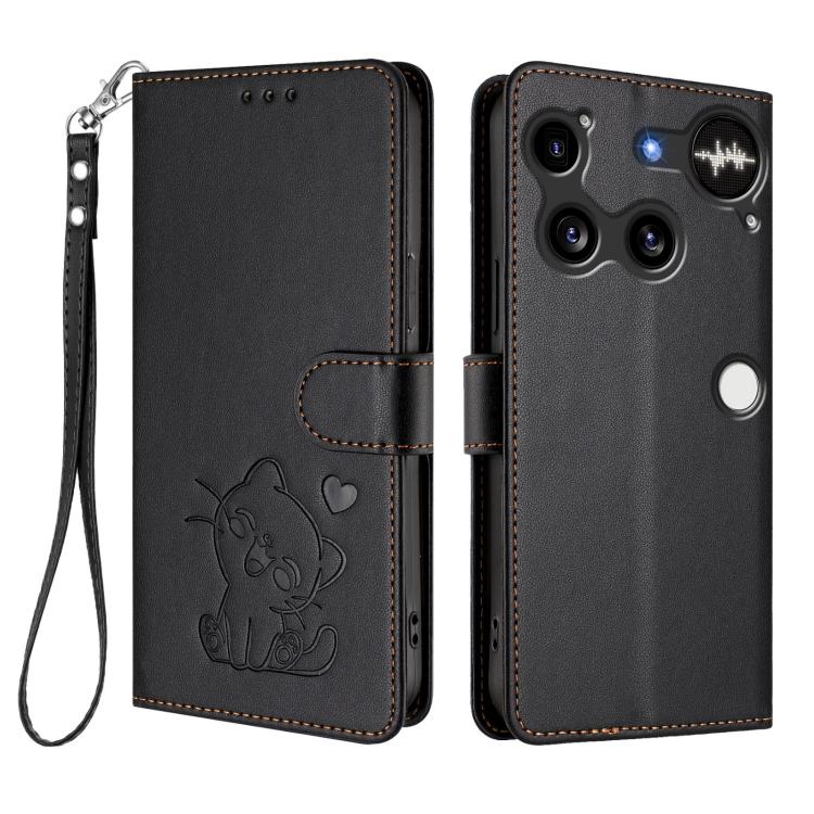 For Nothing Phone 3 Embossed Heart Cat Leather Phone Case with Hand Strap