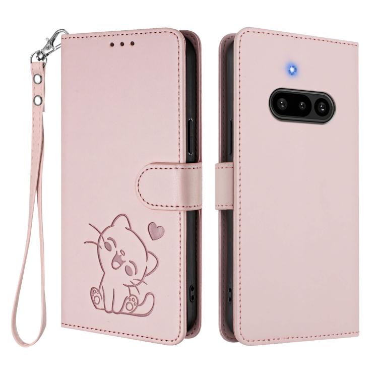 For Nothing Phone 3a Embossed Heart Cat Leather Phone Case with Hand Strap