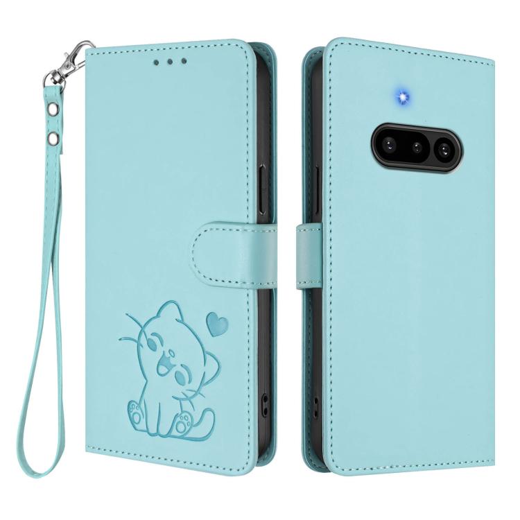 For Nothing Phone 3a Embossed Heart Cat Leather Phone Case with Hand Strap