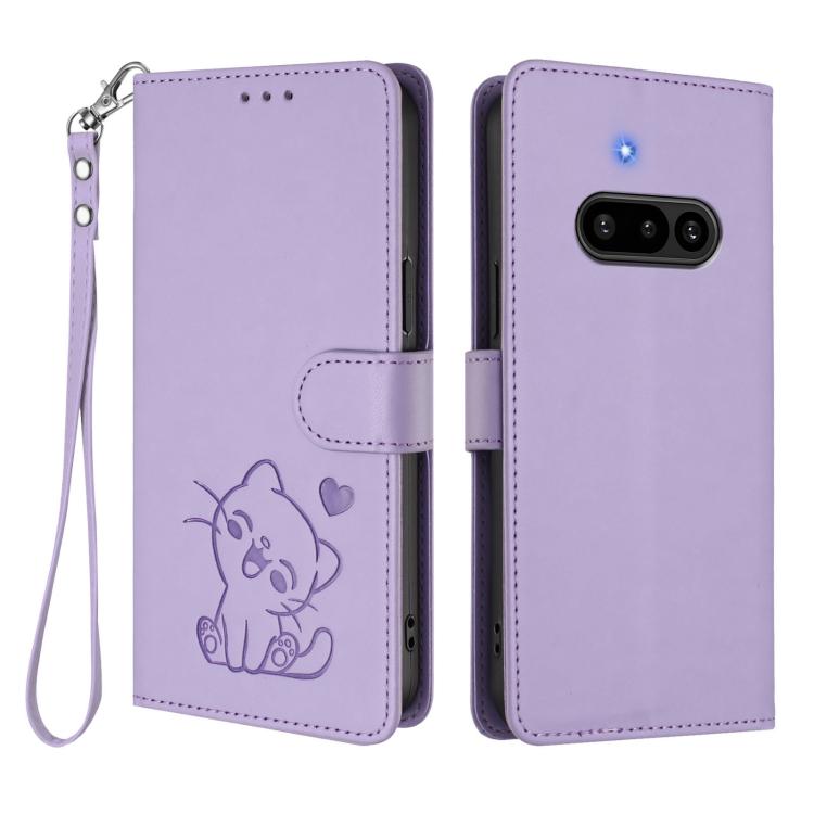 For Nothing Phone 3a Embossed Heart Cat Leather Phone Case with Hand Strap