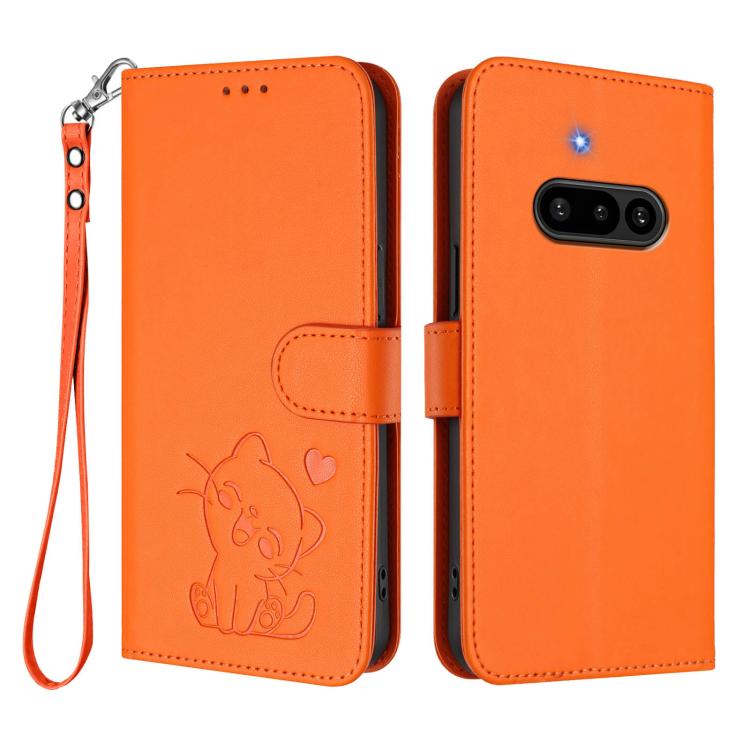For Nothing Phone 3a Embossed Heart Cat Leather Phone Case with Hand Strap
