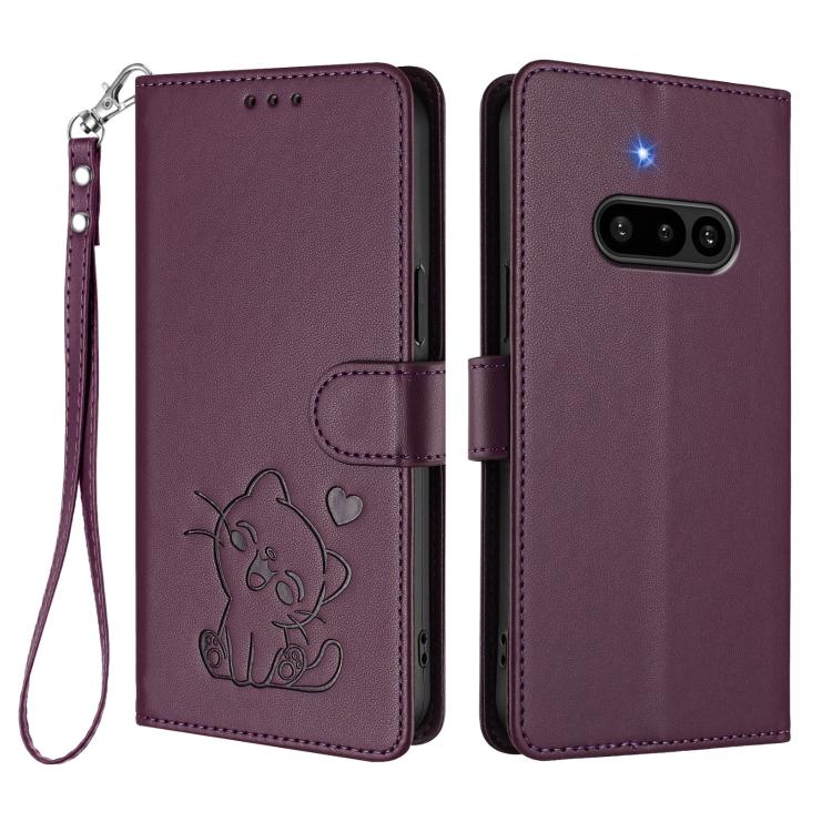 For Nothing Phone 3a Embossed Heart Cat Leather Phone Case with Hand Strap