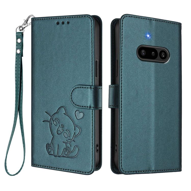 For Nothing Phone 3a Embossed Heart Cat Leather Phone Case with Hand Strap