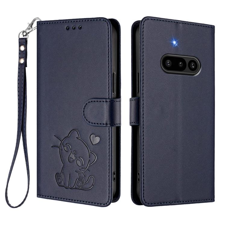 For Nothing Phone 3a Embossed Heart Cat Leather Phone Case with Hand Strap