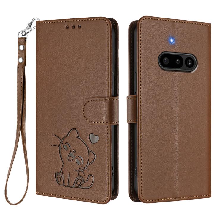 For Nothing Phone 3a Embossed Heart Cat Leather Phone Case with Hand Strap
