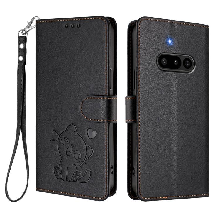 For Nothing Phone 3a Embossed Heart Cat Leather Phone Case with Hand Strap