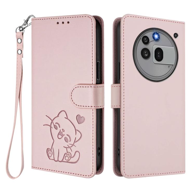 For Nothing Phone 3a Pro Embossed Heart Cat Leather Phone Case with Hand Strap