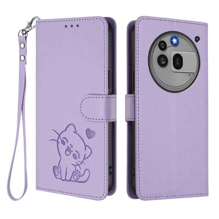 For Nothing Phone 3a Pro Embossed Heart Cat Leather Phone Case with Hand Strap