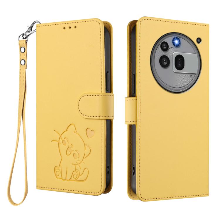 For Nothing Phone 3a Pro Embossed Heart Cat Leather Phone Case with Hand Strap