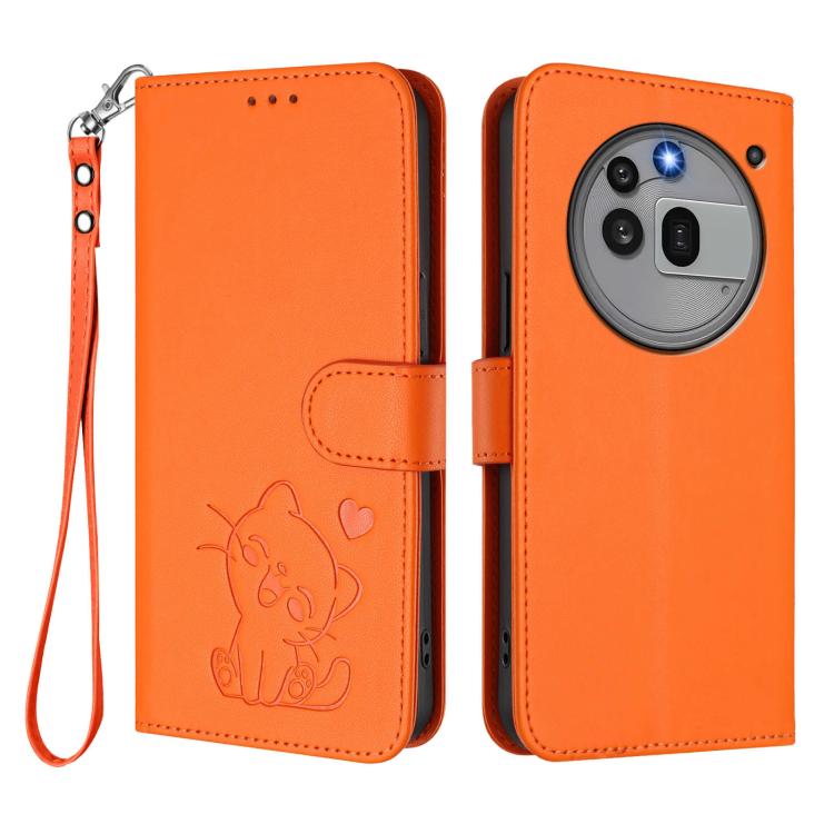 For Nothing Phone 3a Pro Embossed Heart Cat Leather Phone Case with Hand Strap