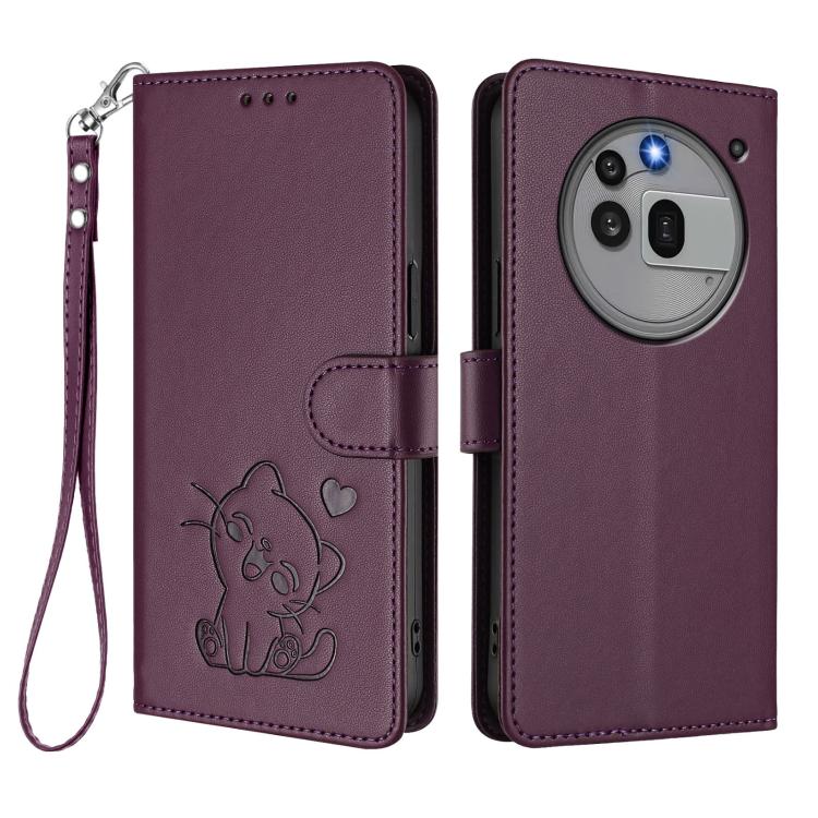 For Nothing Phone 3a Pro Embossed Heart Cat Leather Phone Case with Hand Strap