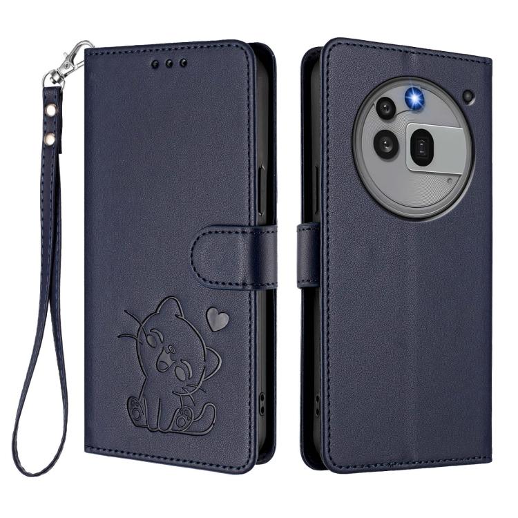 For Nothing Phone 3a Pro Embossed Heart Cat Leather Phone Case with Hand Strap
