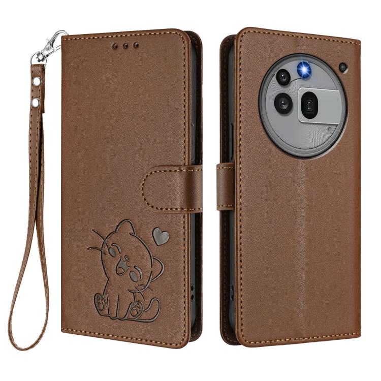 For Nothing Phone 3a Pro Embossed Heart Cat Leather Phone Case with Hand Strap
