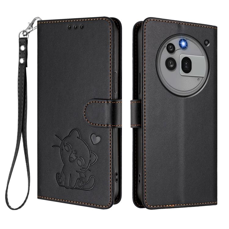 For Nothing Phone 3a Pro Embossed Heart Cat Leather Phone Case with Hand Strap