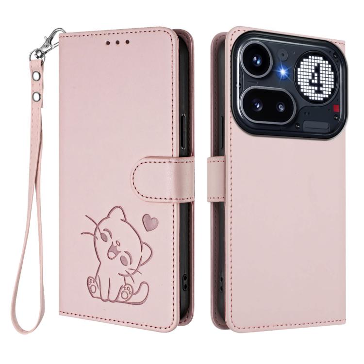 For Nothing Phone 4a Pro Embossed Heart Cat Leather Phone Case with Hand Strap